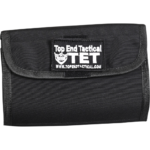 A black wallet with the top end tactical logo on it.