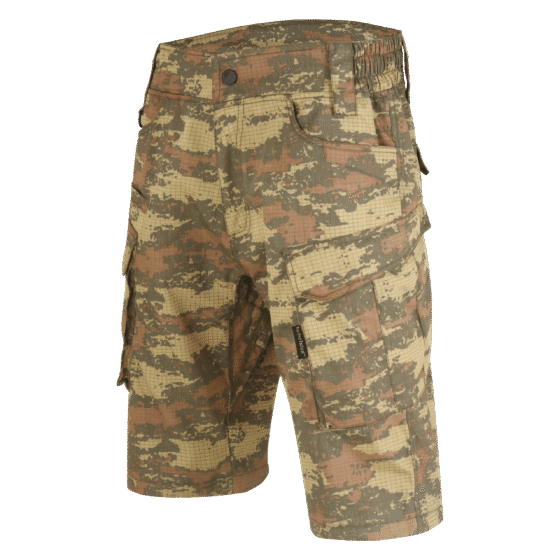 Close-up desert camo cargo shorts waistband Close-up desert camo cargo shorts waistband